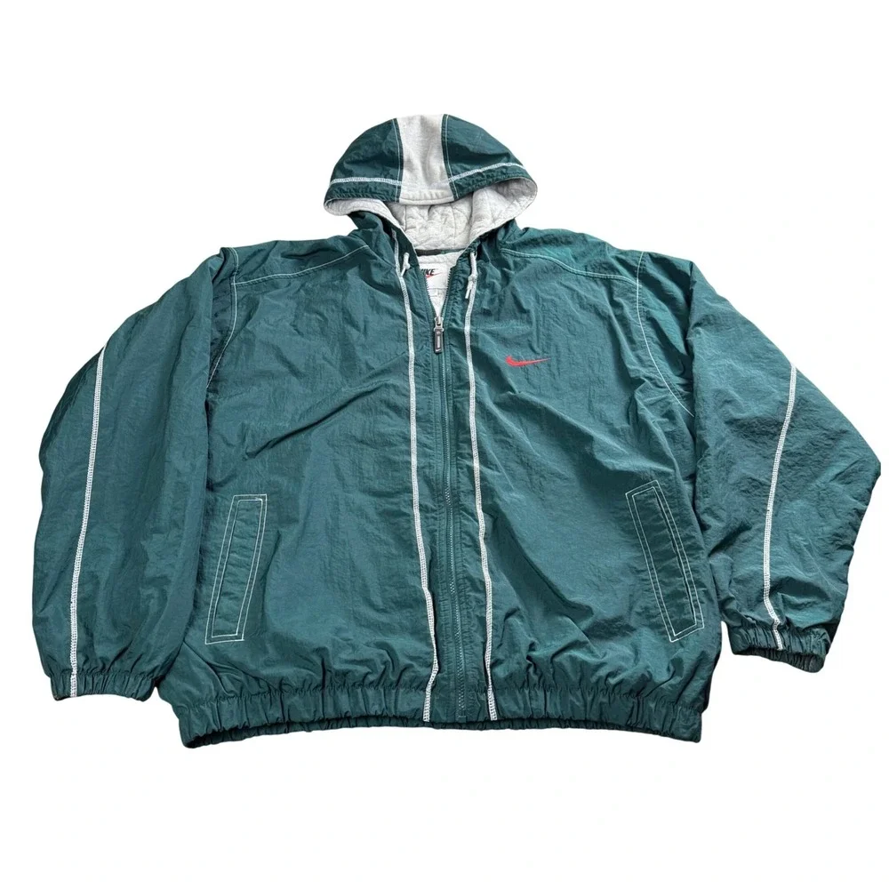 Nike Quilted Jacket Coat Mens XXL Green Hooded Full Zip Vintage Streetwear 90s